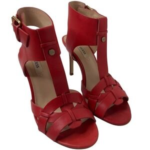 Guess GWHYANNE Red Orange Leather T-Strap Cage Stiletto Heels Sandals Womens 6M